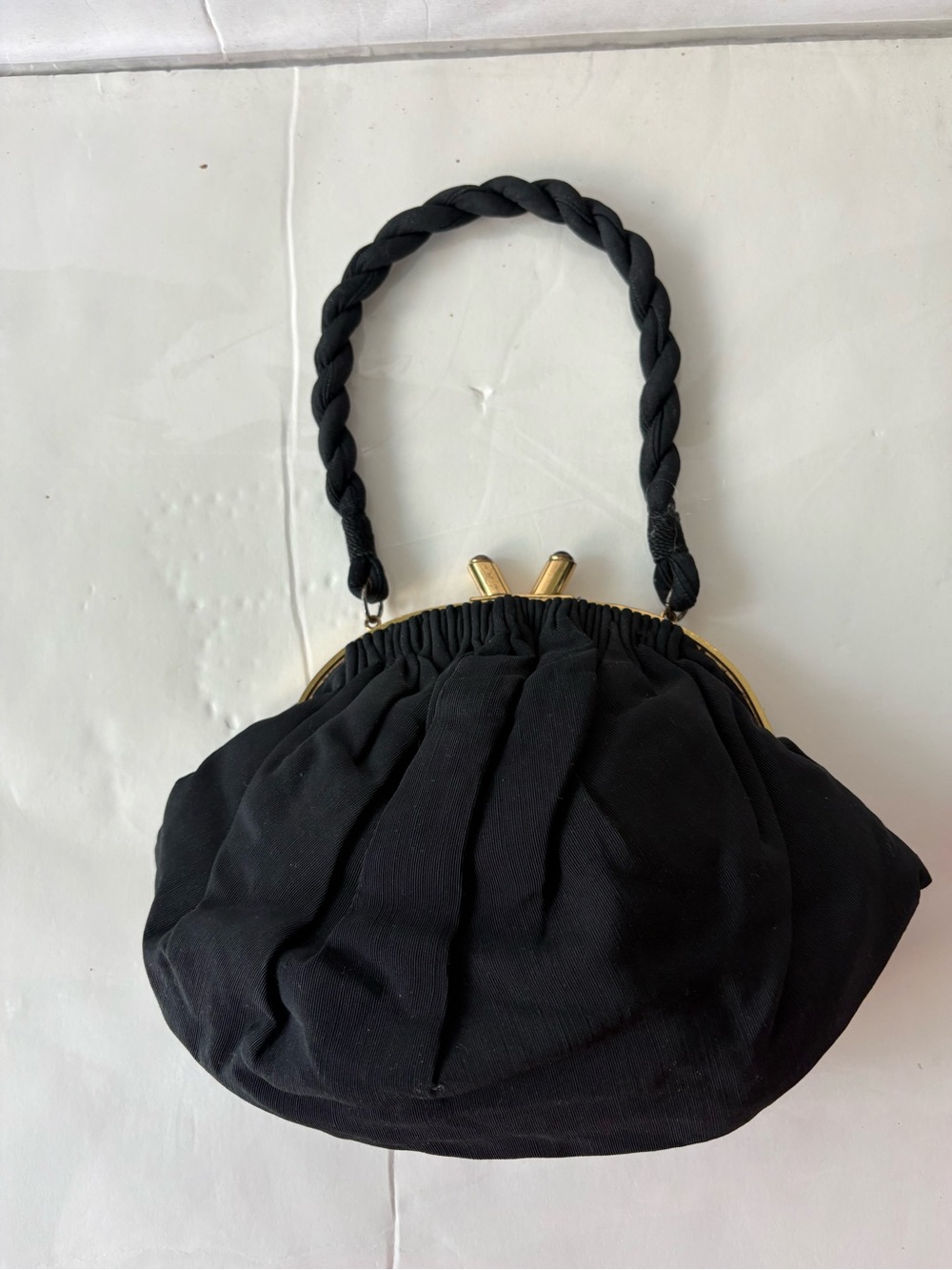 Vintage black Gathered Kiss-Lock Wristlet with Braided Handle